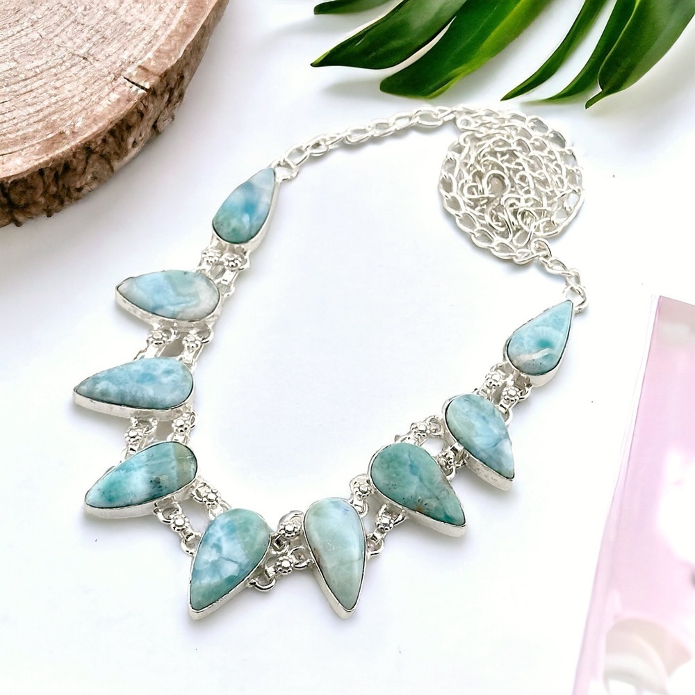 Larimar Natural Caribbean 925 Silver Crystal Gemstone Necklace